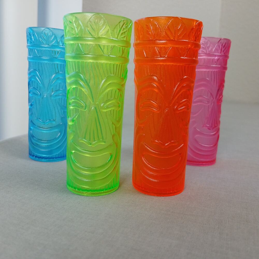 set of 4 neon tiki shot glasses 3.75"H x 1.25"D plastic green pink orange blue